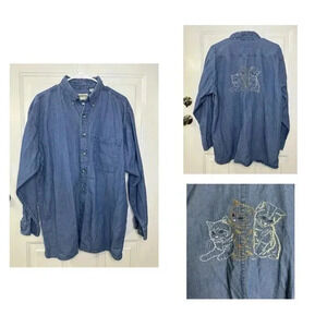 Vintage Mens Large Denim Chambray Button Down Embroidered Shirt Cat Lover Casual